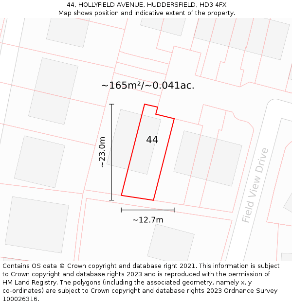 44, HOLLYFIELD AVENUE, HUDDERSFIELD, HD3 4FX: Plot and title map