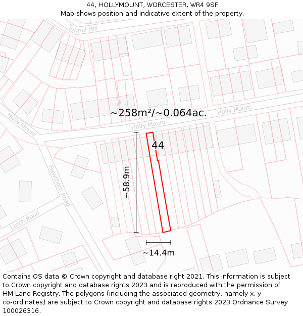 44, HOLLYMOUNT, WORCESTER, WR4 9SF: Plot and title map