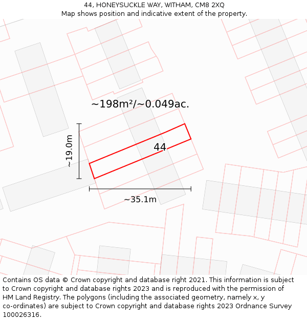 44, HONEYSUCKLE WAY, WITHAM, CM8 2XQ: Plot and title map