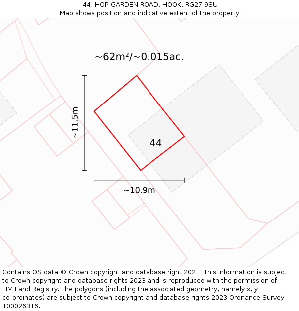 44, HOP GARDEN ROAD, HOOK, RG27 9SU: Plot and title map