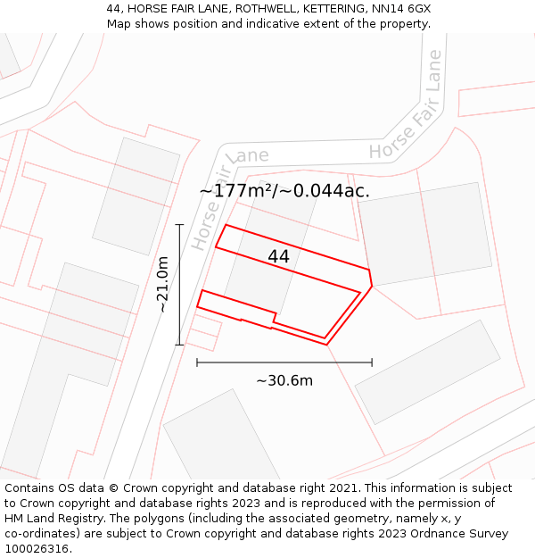 44, HORSE FAIR LANE, ROTHWELL, KETTERING, NN14 6GX: Plot and title map