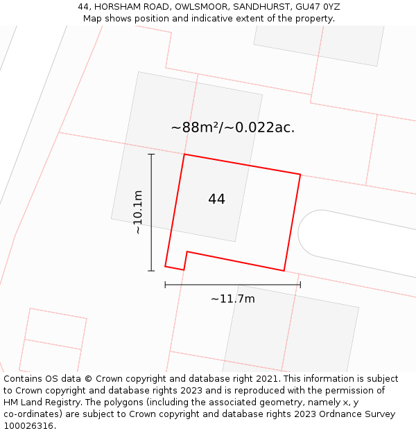 44, HORSHAM ROAD, OWLSMOOR, SANDHURST, GU47 0YZ: Plot and title map
