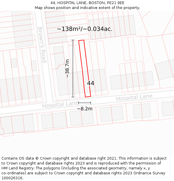 44, HOSPITAL LANE, BOSTON, PE21 9EE: Plot and title map