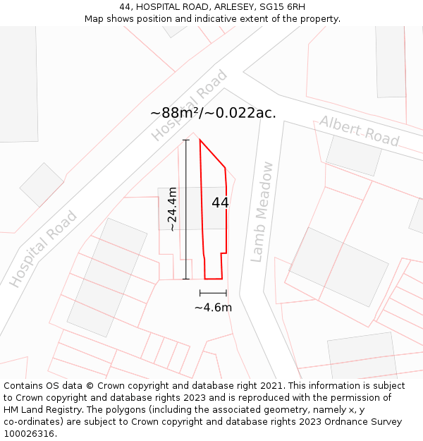 44, HOSPITAL ROAD, ARLESEY, SG15 6RH: Plot and title map
