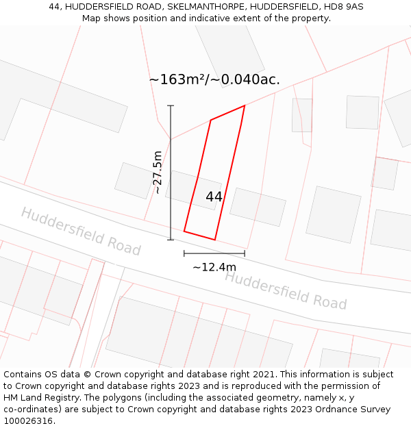 44, HUDDERSFIELD ROAD, SKELMANTHORPE, HUDDERSFIELD, HD8 9AS: Plot and title map