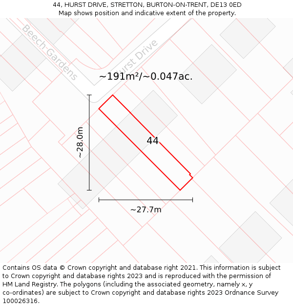 44, HURST DRIVE, STRETTON, BURTON-ON-TRENT, DE13 0ED: Plot and title map