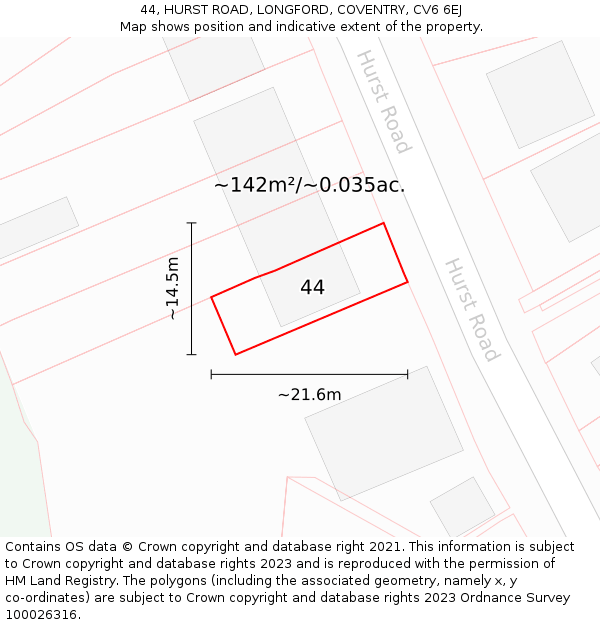 44, HURST ROAD, LONGFORD, COVENTRY, CV6 6EJ: Plot and title map