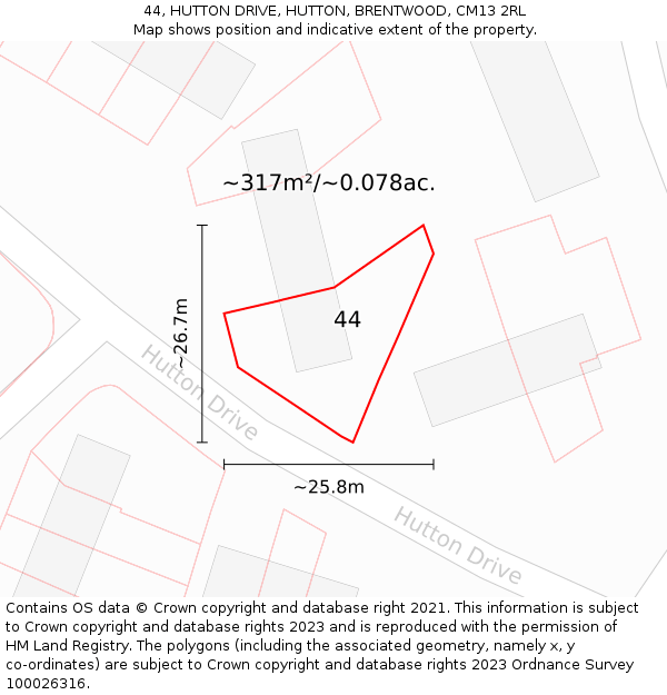 44, HUTTON DRIVE, HUTTON, BRENTWOOD, CM13 2RL: Plot and title map