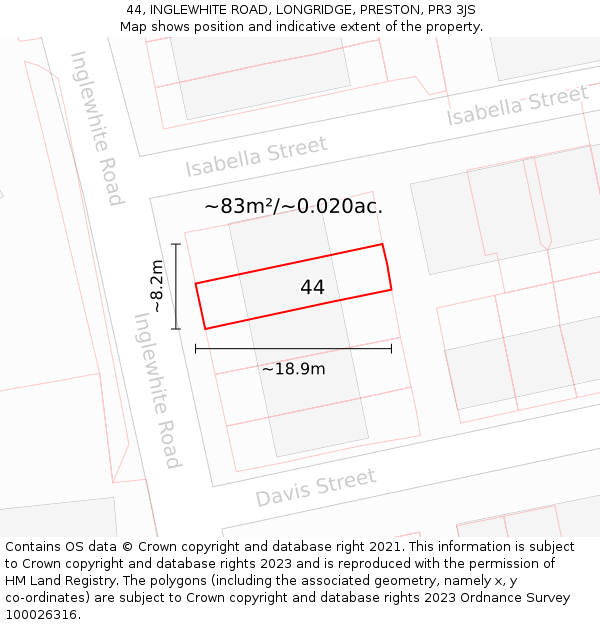 44, INGLEWHITE ROAD, LONGRIDGE, PRESTON, PR3 3JS: Plot and title map