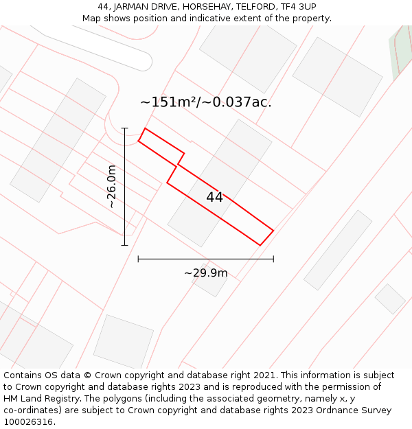 44, JARMAN DRIVE, HORSEHAY, TELFORD, TF4 3UP: Plot and title map