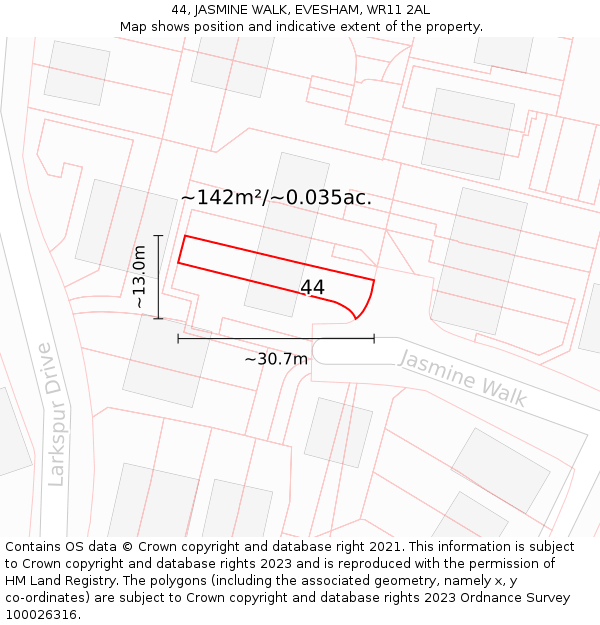 44, JASMINE WALK, EVESHAM, WR11 2AL: Plot and title map