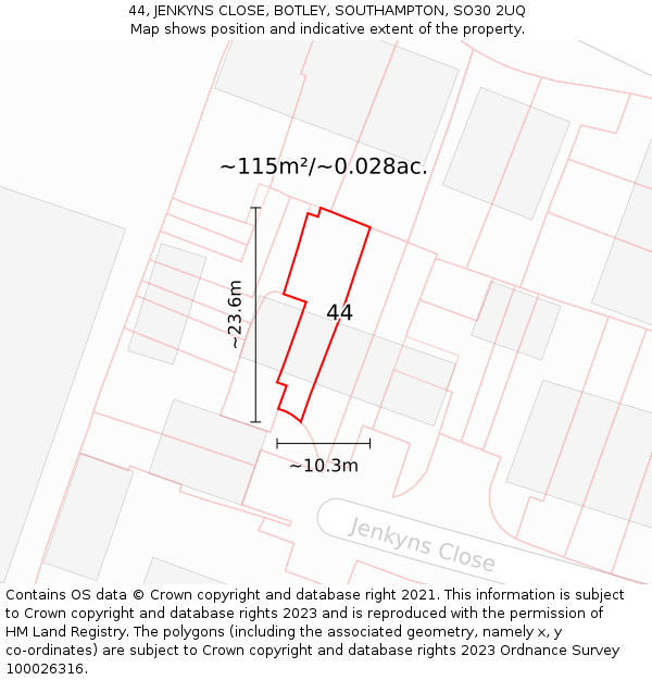 44, JENKYNS CLOSE, BOTLEY, SOUTHAMPTON, SO30 2UQ: Plot and title map