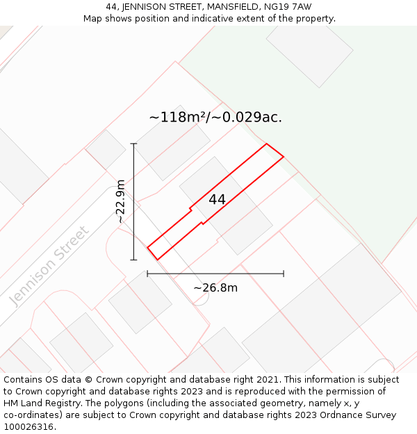 44, JENNISON STREET, MANSFIELD, NG19 7AW: Plot and title map