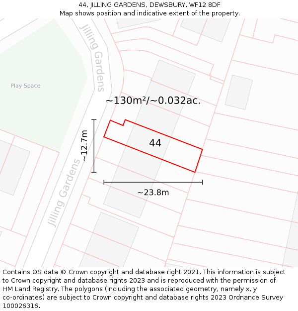 44, JILLING GARDENS, DEWSBURY, WF12 8DF: Plot and title map