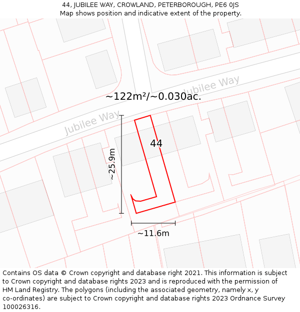 44, JUBILEE WAY, CROWLAND, PETERBOROUGH, PE6 0JS: Plot and title map