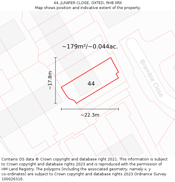 44, JUNIPER CLOSE, OXTED, RH8 0RX: Plot and title map