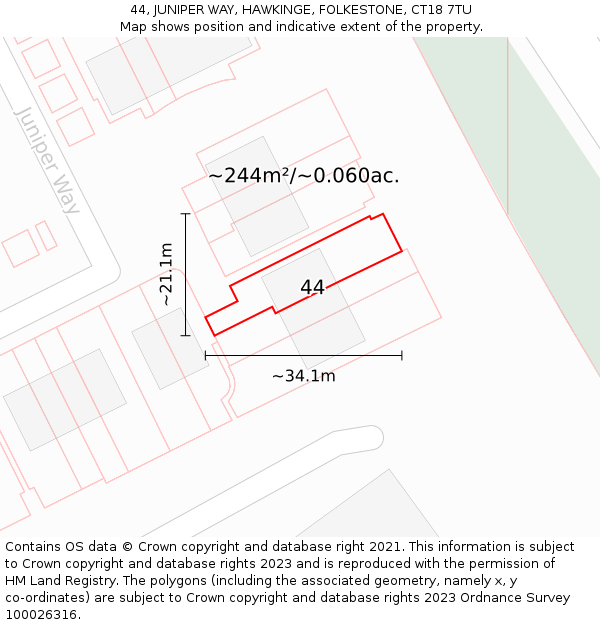 44, JUNIPER WAY, HAWKINGE, FOLKESTONE, CT18 7TU: Plot and title map