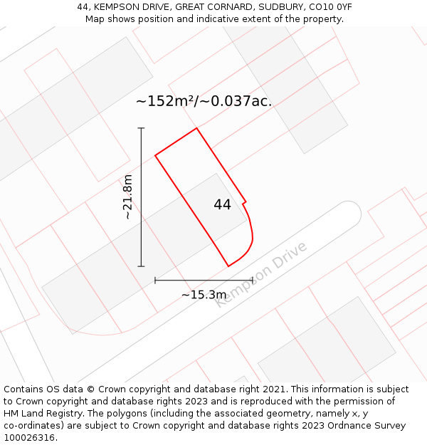 44, KEMPSON DRIVE, GREAT CORNARD, SUDBURY, CO10 0YF: Plot and title map