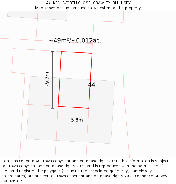 44, KENILWORTH CLOSE, CRAWLEY, RH11 9PY: Plot and title map