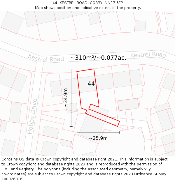 44, KESTREL ROAD, CORBY, NN17 5FP: Plot and title map