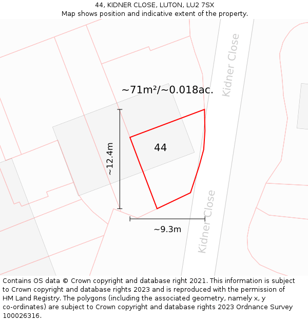 44, KIDNER CLOSE, LUTON, LU2 7SX: Plot and title map
