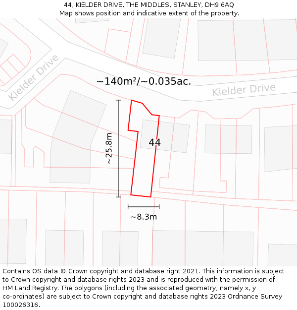 44, KIELDER DRIVE, THE MIDDLES, STANLEY, DH9 6AQ: Plot and title map