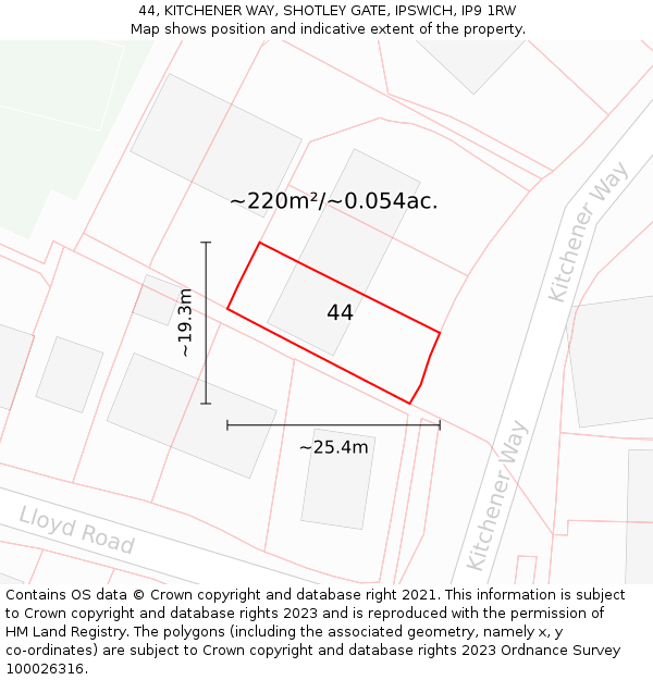 44, KITCHENER WAY, SHOTLEY GATE, IPSWICH, IP9 1RW: Plot and title map