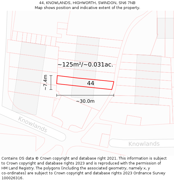 44, KNOWLANDS, HIGHWORTH, SWINDON, SN6 7NB: Plot and title map