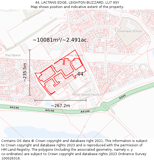 44, LACTANS EDGE, LEIGHTON BUZZARD, LU7 9SY: Plot and title map