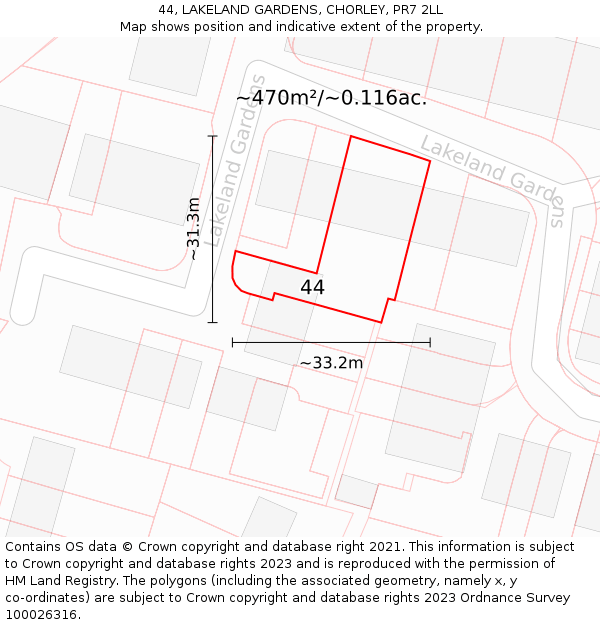 44, LAKELAND GARDENS, CHORLEY, PR7 2LL: Plot and title map
