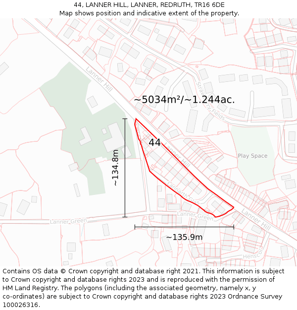 44, LANNER HILL, LANNER, REDRUTH, TR16 6DE: Plot and title map