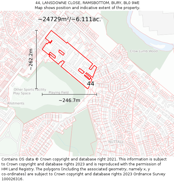 44, LANSDOWNE CLOSE, RAMSBOTTOM, BURY, BL0 9WE: Plot and title map
