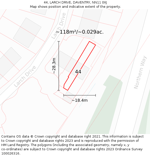 44, LARCH DRIVE, DAVENTRY, NN11 0XJ: Plot and title map