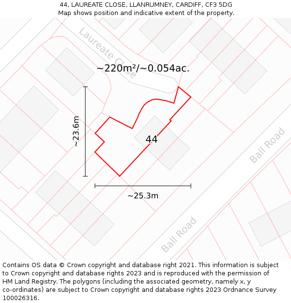 44, LAUREATE CLOSE, LLANRUMNEY, CARDIFF, CF3 5DG: Plot and title map