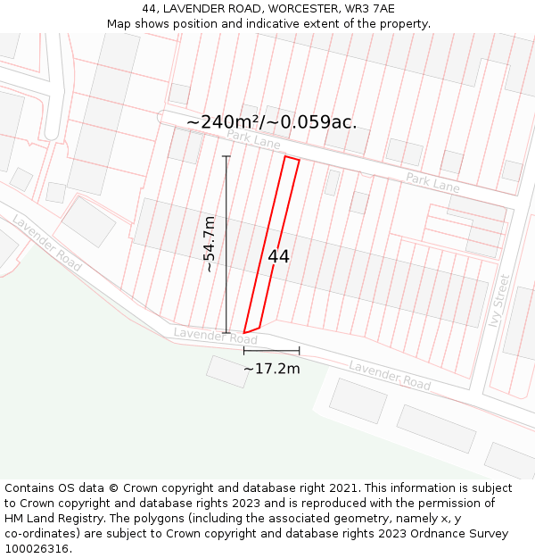 44, LAVENDER ROAD, WORCESTER, WR3 7AE: Plot and title map