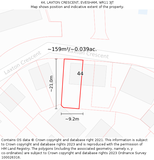 44, LAXTON CRESCENT, EVESHAM, WR11 3JT: Plot and title map