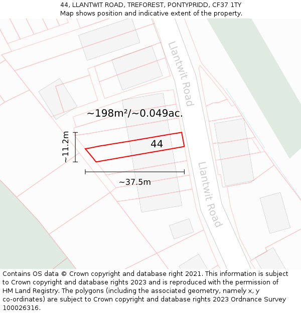 44, LLANTWIT ROAD, TREFOREST, PONTYPRIDD, CF37 1TY: Plot and title map
