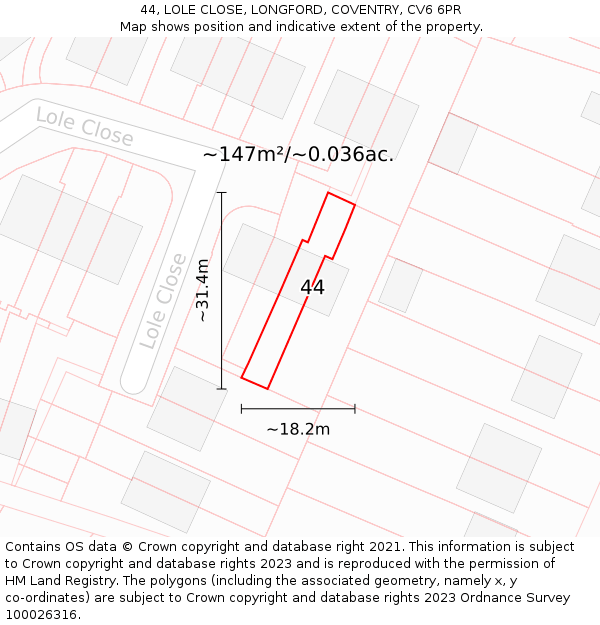 44, LOLE CLOSE, LONGFORD, COVENTRY, CV6 6PR: Plot and title map