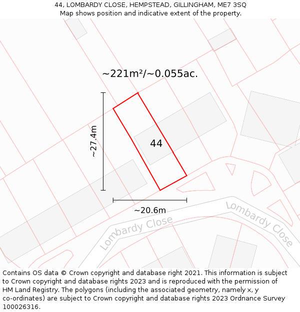 44, LOMBARDY CLOSE, HEMPSTEAD, GILLINGHAM, ME7 3SQ: Plot and title map