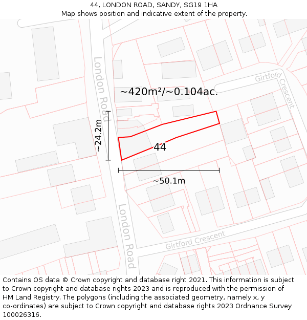 44, LONDON ROAD, SANDY, SG19 1HA: Plot and title map