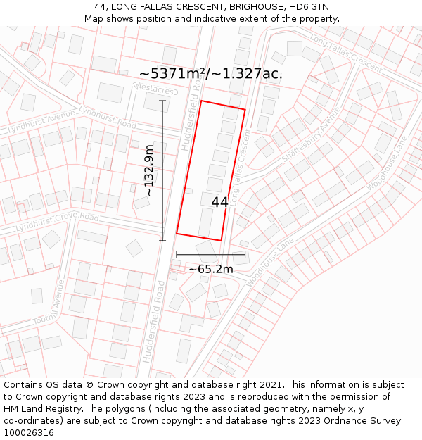 44, LONG FALLAS CRESCENT, BRIGHOUSE, HD6 3TN: Plot and title map