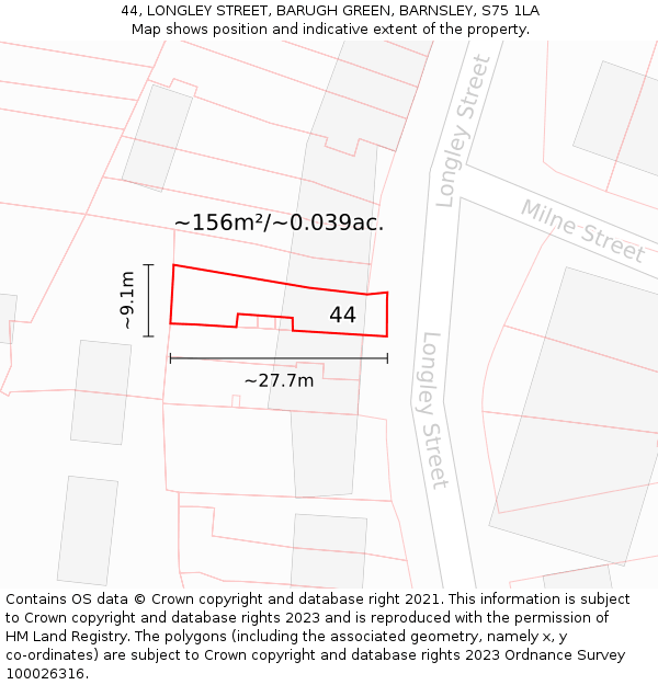 44, LONGLEY STREET, BARUGH GREEN, BARNSLEY, S75 1LA: Plot and title map
