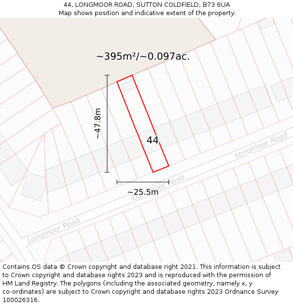 44, LONGMOOR ROAD, SUTTON COLDFIELD, B73 6UA: Plot and title map