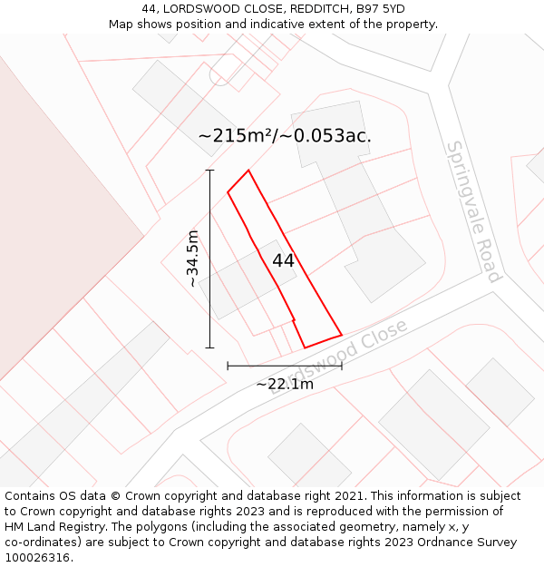 44, LORDSWOOD CLOSE, REDDITCH, B97 5YD: Plot and title map