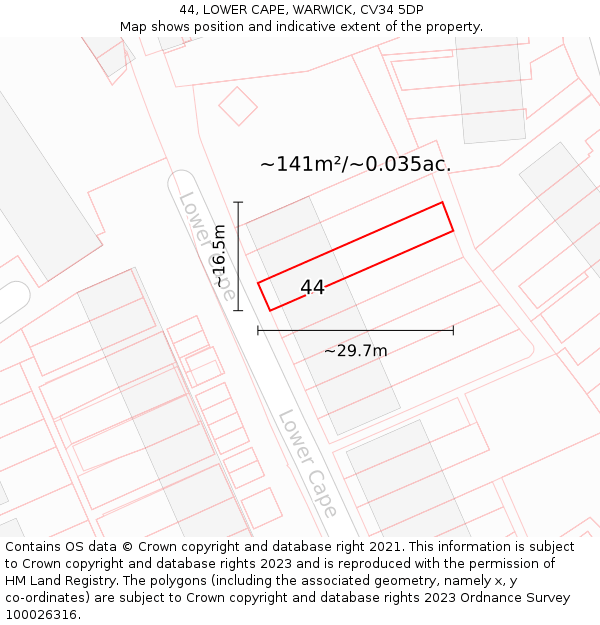 44, LOWER CAPE, WARWICK, CV34 5DP: Plot and title map
