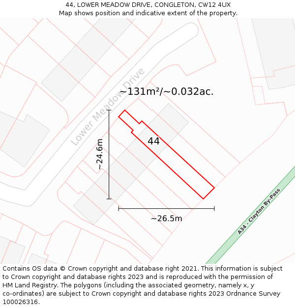 44, LOWER MEADOW DRIVE, CONGLETON, CW12 4UX: Plot and title map