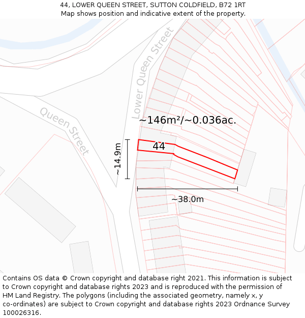 44, LOWER QUEEN STREET, SUTTON COLDFIELD, B72 1RT: Plot and title map