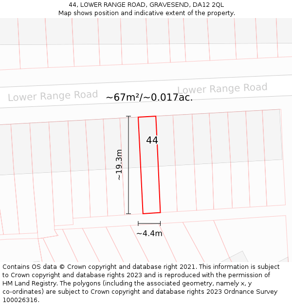 44, LOWER RANGE ROAD, GRAVESEND, DA12 2QL: Plot and title map