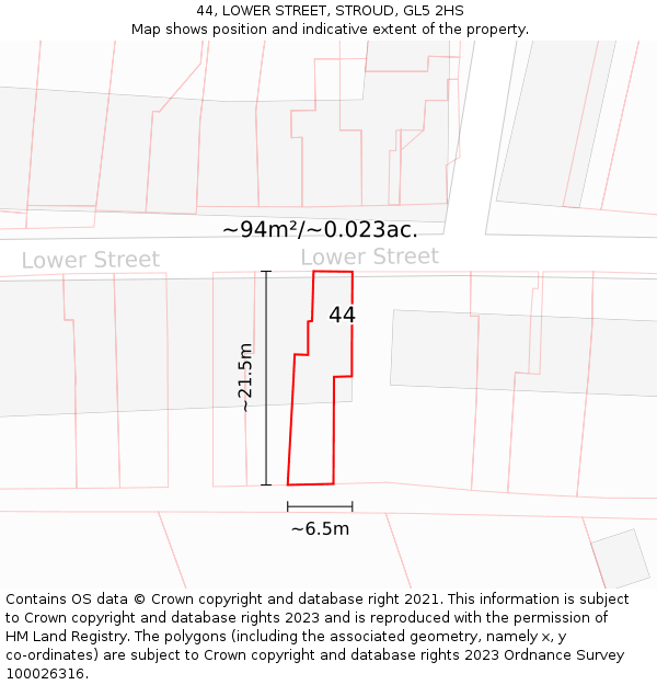 44, LOWER STREET, STROUD, GL5 2HS: Plot and title map