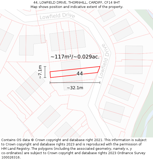 44, LOWFIELD DRIVE, THORNHILL, CARDIFF, CF14 9HT: Plot and title map